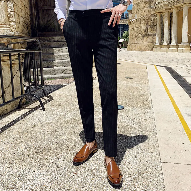Men Suit Pants 2020 New Fashion Slim Fit Stripe Print Flat Front Stretch Dress Straight Cotton Business Formal Trousers | Мужская одежда