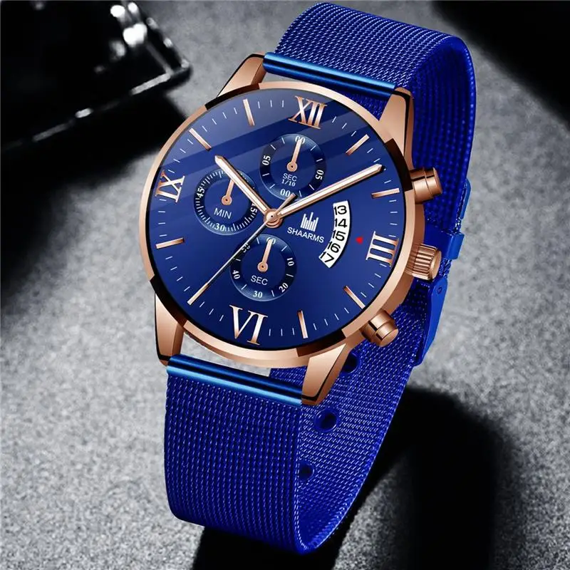 Мужские кварцевые наручные часы SHAARMS синие из нержавеющей стали с сетчатым