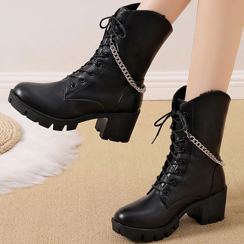 

Новинка Осень 2021, модные женские мотоциклетные ботинки на платформе с металлическим украшением, женские массивные ботинки на шнуровке с кр...