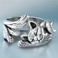 retro men women silver plated sleep cat open finger ring gift fashion animal punk ring for men women adjustable fingers jewelry