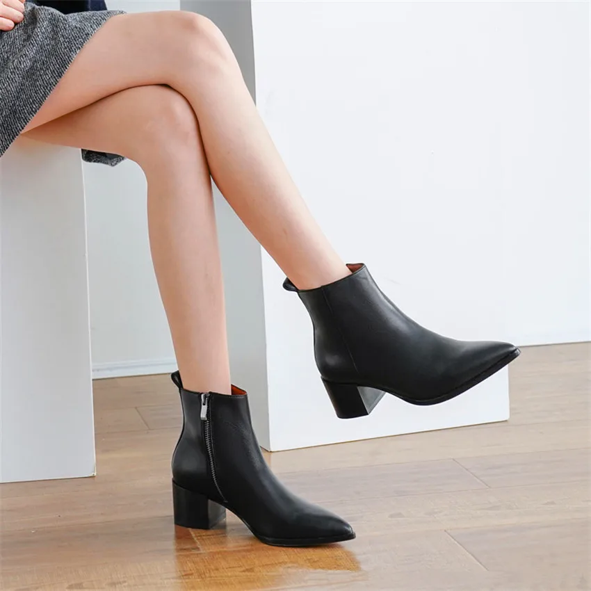 

Genuine Leather Sheepskin Chunky Ankle Women's Chelsea Short Boots Deerskin Inner Pointed Toe Ladies Shoes