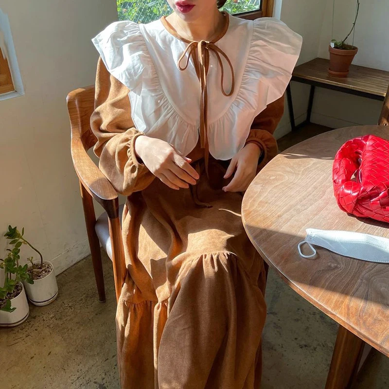 

Женское платье, новинка 2021, корейская мода, элегантное цветное плиссированное платье с кукольным воротником, со шнуровкой, длинными рукавам...