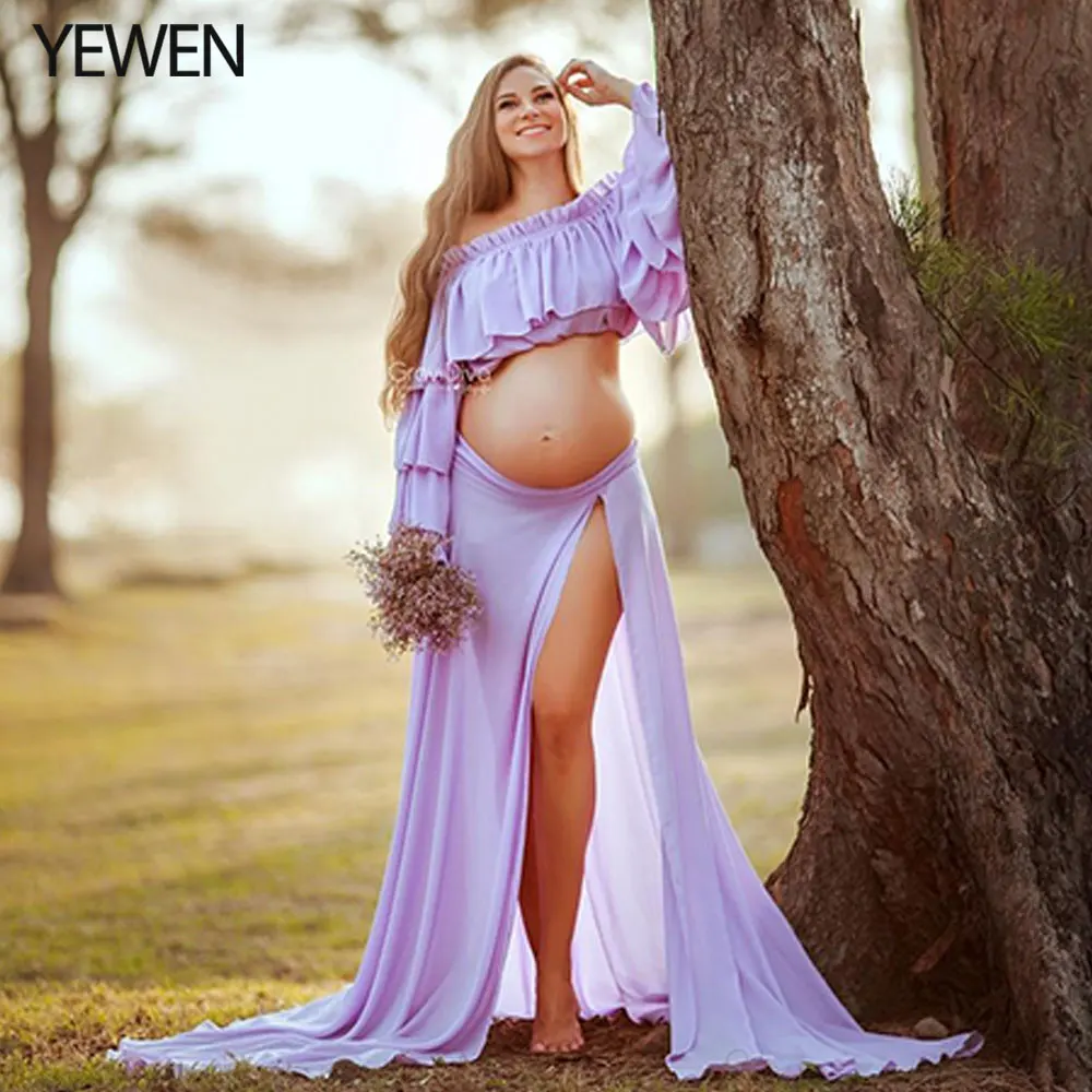 Shoulderless Chiffon 2 Piece Maternity Dress Long Sleeves Baby Shower Dress for Photo Shoot Fancy Photography Props Dress YEWEN