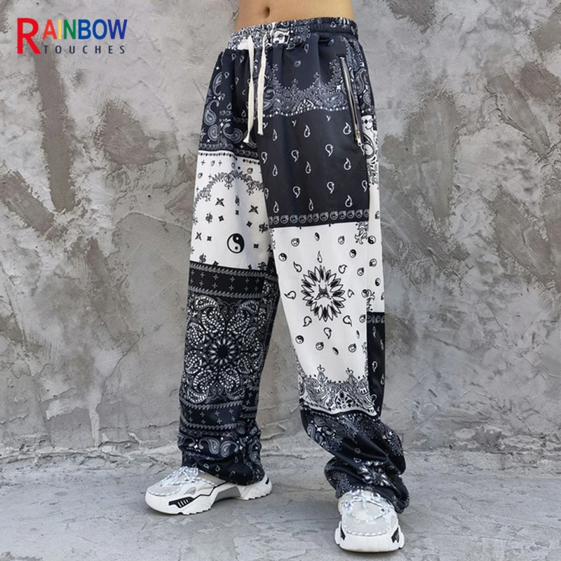 

Rainbowtouches Wei Pants Men's High Street Bandana Paisley Color Matching Full Print Straight Hip Hop Retro Legged Casual Pants