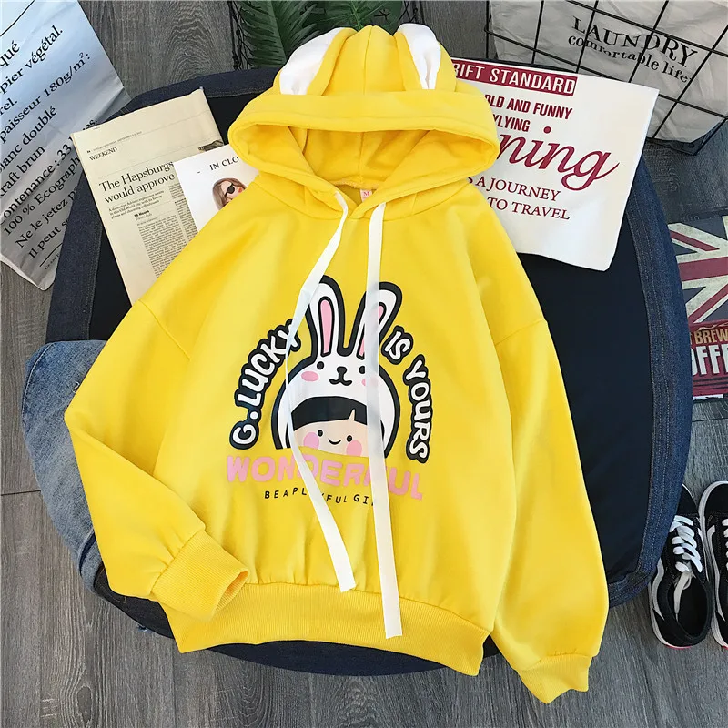 Kawaii толстовки для девочек кролик длинное ухо Sudadera мультфильм печати Толстовка для женщин зима плюс бархат Теплый пуловер топ размера плюс 2XL