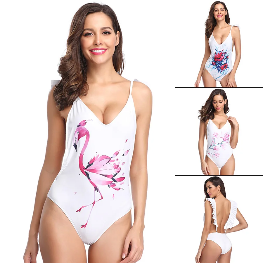 Купальник с принтом 2019 Цельный купальник открытой спиной и оборками Женский