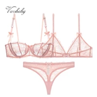 varsbaby 3pcs sexy see through half cup bra wire free floral lace bra thong bras set