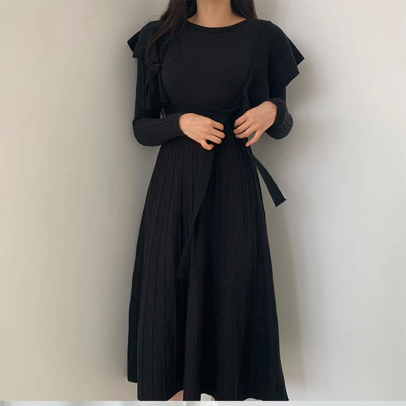 

Ruffles Women Sweater Mid Dress Slim Solid Pleated O-Neck Winter Dresses Long Sleeve Office Lady Knee Length Fashion Clothes