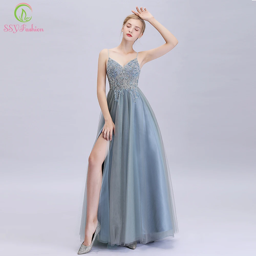 SSYFashion, новинка, сексуальное вечернее платье с v-образным вырезом, серое, зеленое, с блестками, с бисером, без спинки, в пол, вечерние платья, Robe De Soiree
