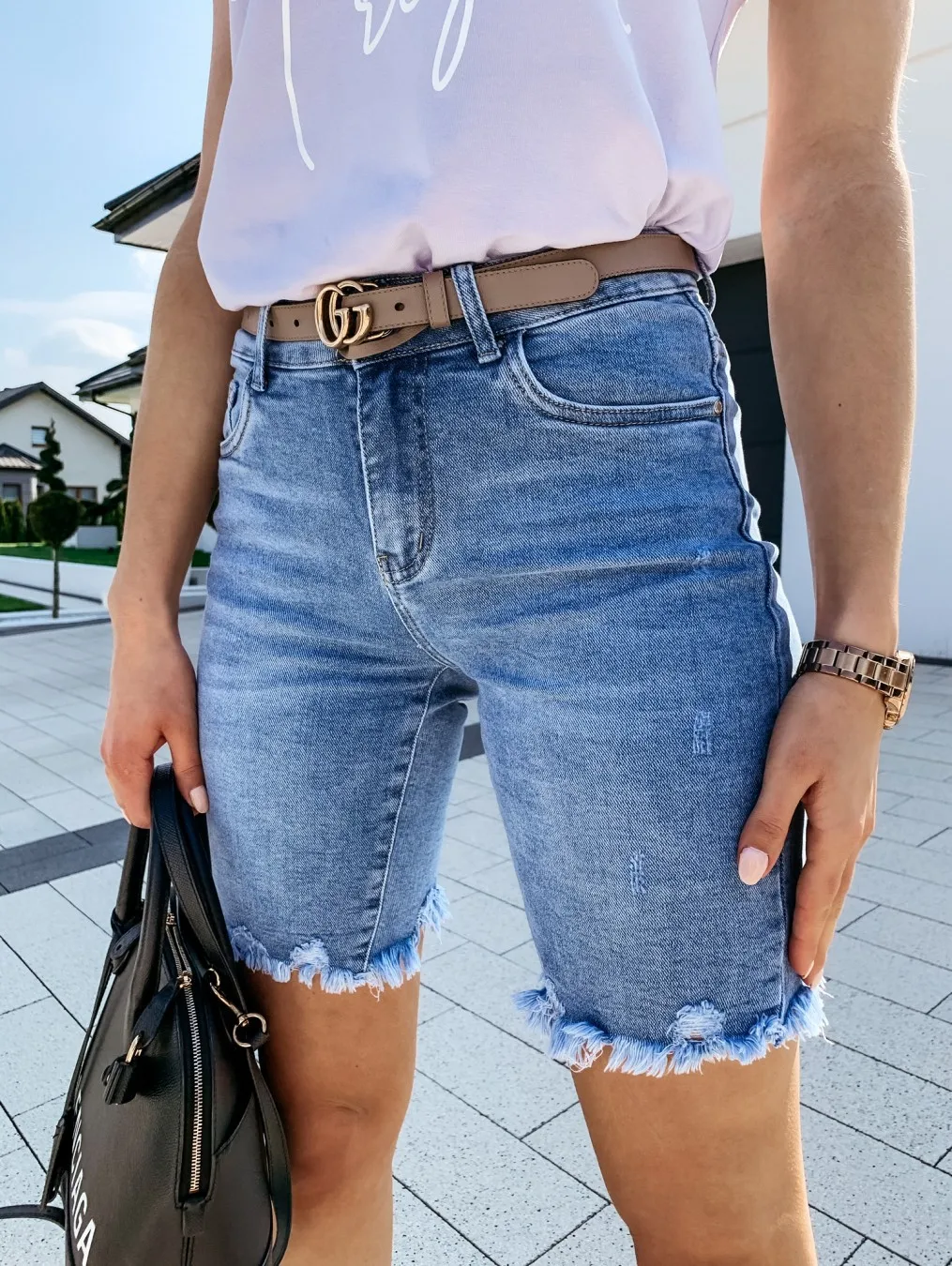 

2021 women's new style European and American simple casual tassel stretch denim middle pants women
