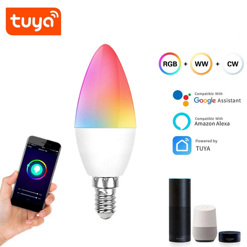 

Умная Светодиодная лампа Tuya с Wi-Fi, приглушаемая LED лампа E14, RGB, CW, волшебная лампа с голосовым управлением, работает с Alexa, Google Home Assistant, 5 Вт