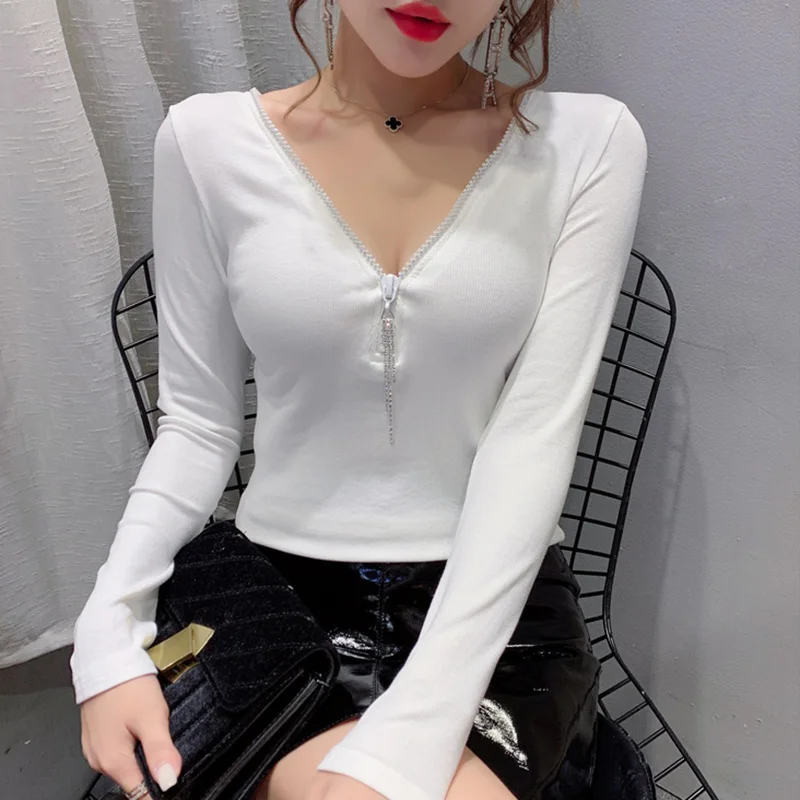 New Casual Solid Color 2021 Spring Long Sleeve Women's Tshirts Fashion V-neck Ziper Woman T-shirts Plus Size Blusas | Женская одежда