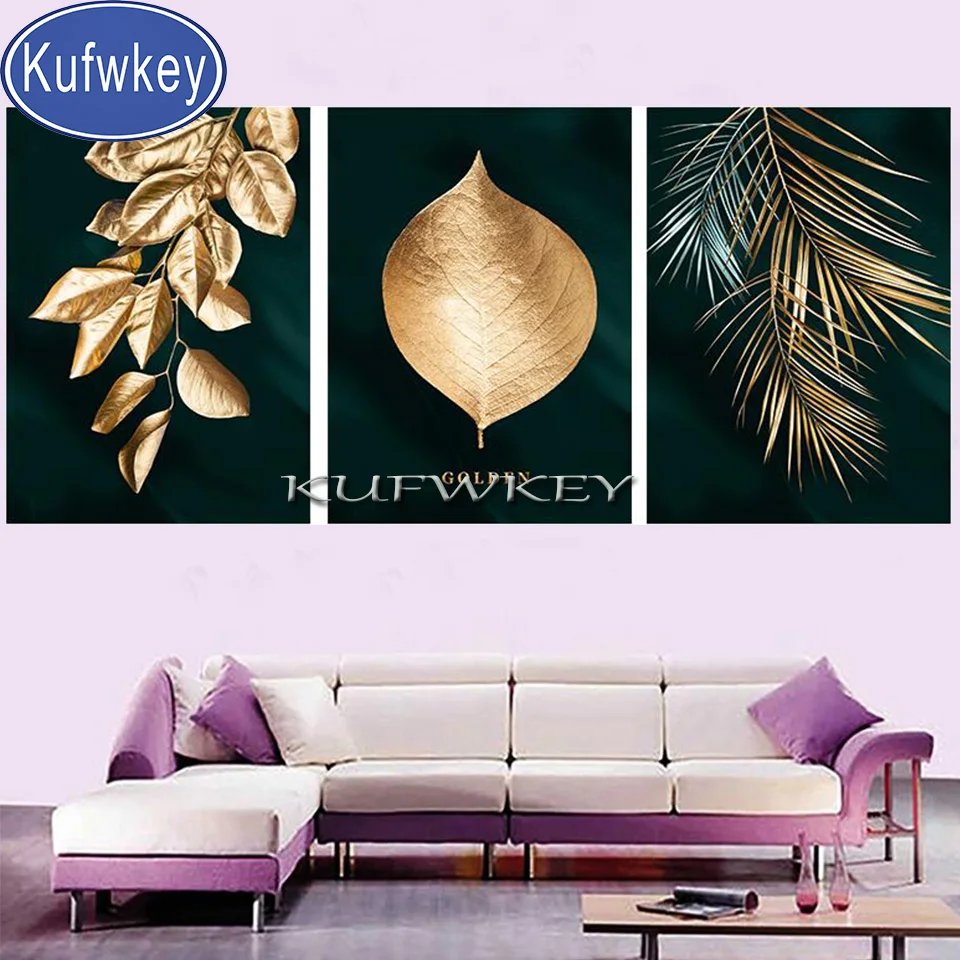 

3 piece Abstract Nordic Gold Leaves Painting 3D Diamond Embroidery Sale Modern Wall Picture For Living Room Decor home,