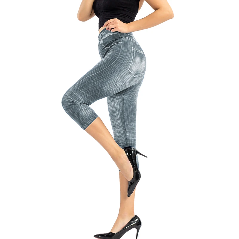 

Women Denim Print Leggings Fashion Slim Leggings Faux Jeans Leggings Stretch Printed Short Leggins Pants Summer Breeches