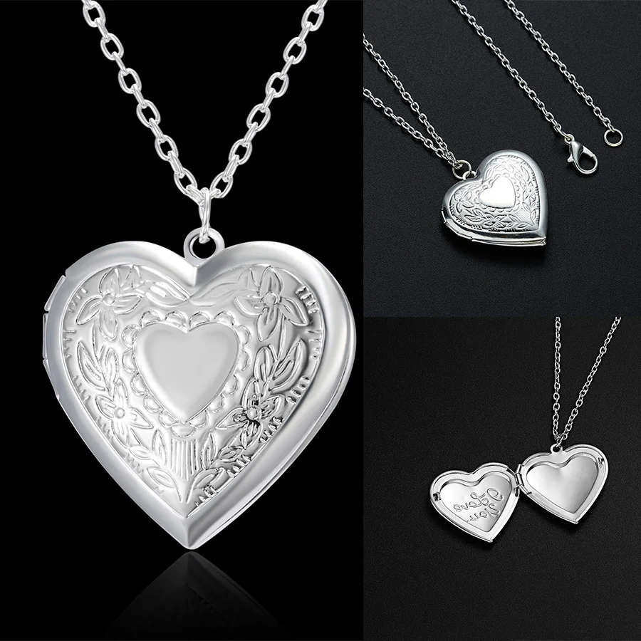 

2021 New Unique Carved Design Heart-shaped Photo Frame Pendant Necklace Charm Openable Locket Necklaces Women Men Memorial
