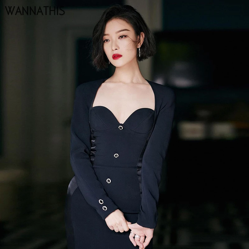 

Женское платье с длинным рукавом WannaThis, сексуальное облегающее платье на пуговицах, с разрезом, на осень, новые элегантные вечерние повседне...