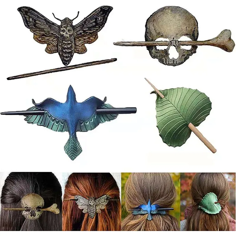 

Halloween Skull Hair Pin Stick Slide Death Moth Skull Hair Clip Sticks Hairpin with Faux Bone Hair Fork Tortoise Shell Bun Cover