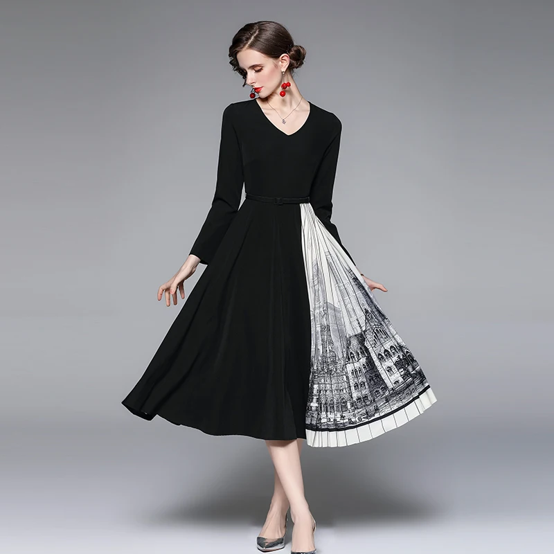 

Женское винтажное шифоновое платье, модельное дизайнерское элегантное плиссированное платье миди с цветочным принтом, одежда для осени и з...