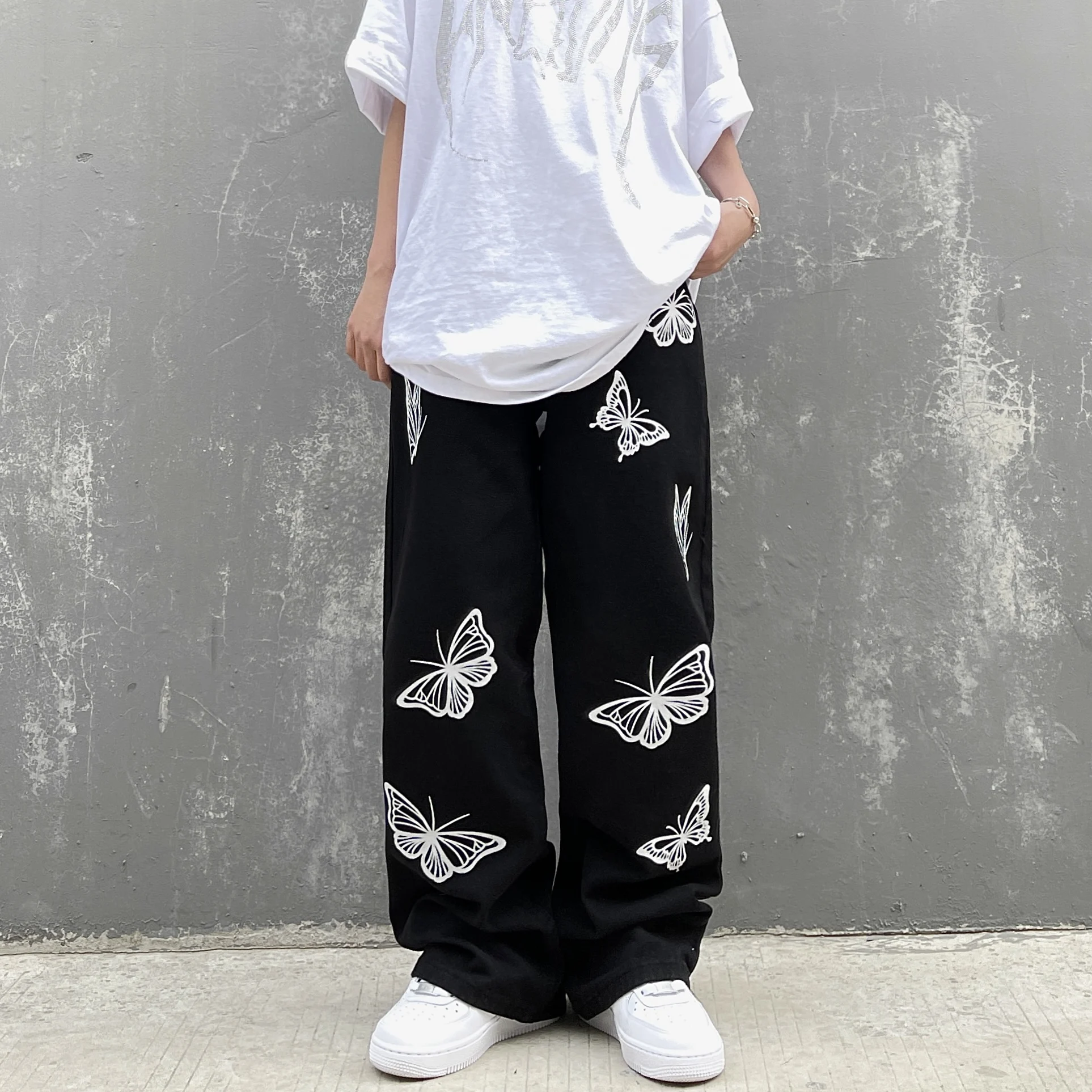 

aesthetic denim pants fashion high waist straight long pants women streetwear 2021 Black baggy jeans female butterfly print