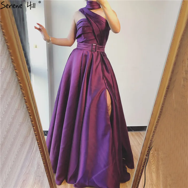 Фиолетовые сексуальные атласные вечерние платья на одно плечо 2021 с высоким