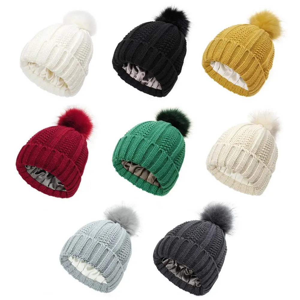 

Single Color Womens Winter Knitted Beanie Hat With Faux Fur Pom Warm Knit Windproof Skull Cap Beanie For Women