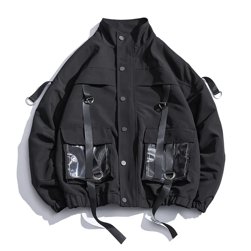 

2021 Men Jacket Coats Casual Windbreaker Ribbons Pockets Men's Overalls Bomber Jacket Hip Hop Streetwear Man Outwear