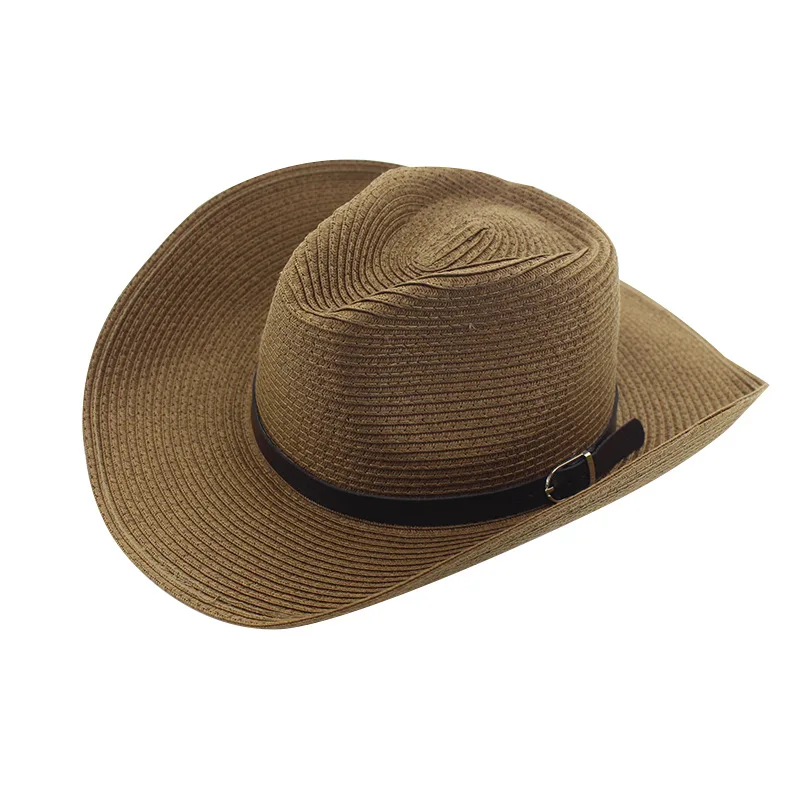 

Classic Unisex Summer Straw Cowboy Hat with Drawstring Parent-child Outdoor Anti-UV Foldable Panama Jazz Hat Western Cowgirl Hat