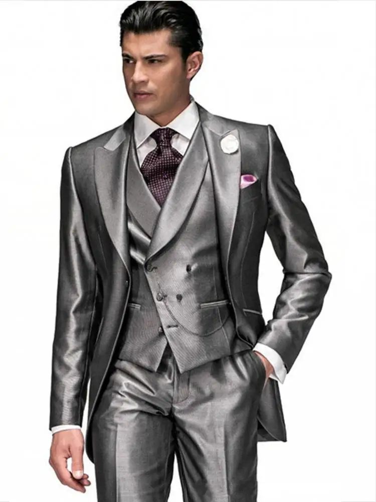 Shiny Silver Gray Men Prom Dress Business Suits Groom Tuxedos Coat Waistcoat Trousers Sets (Jacket+Pants+Vest+Tie) K:1301