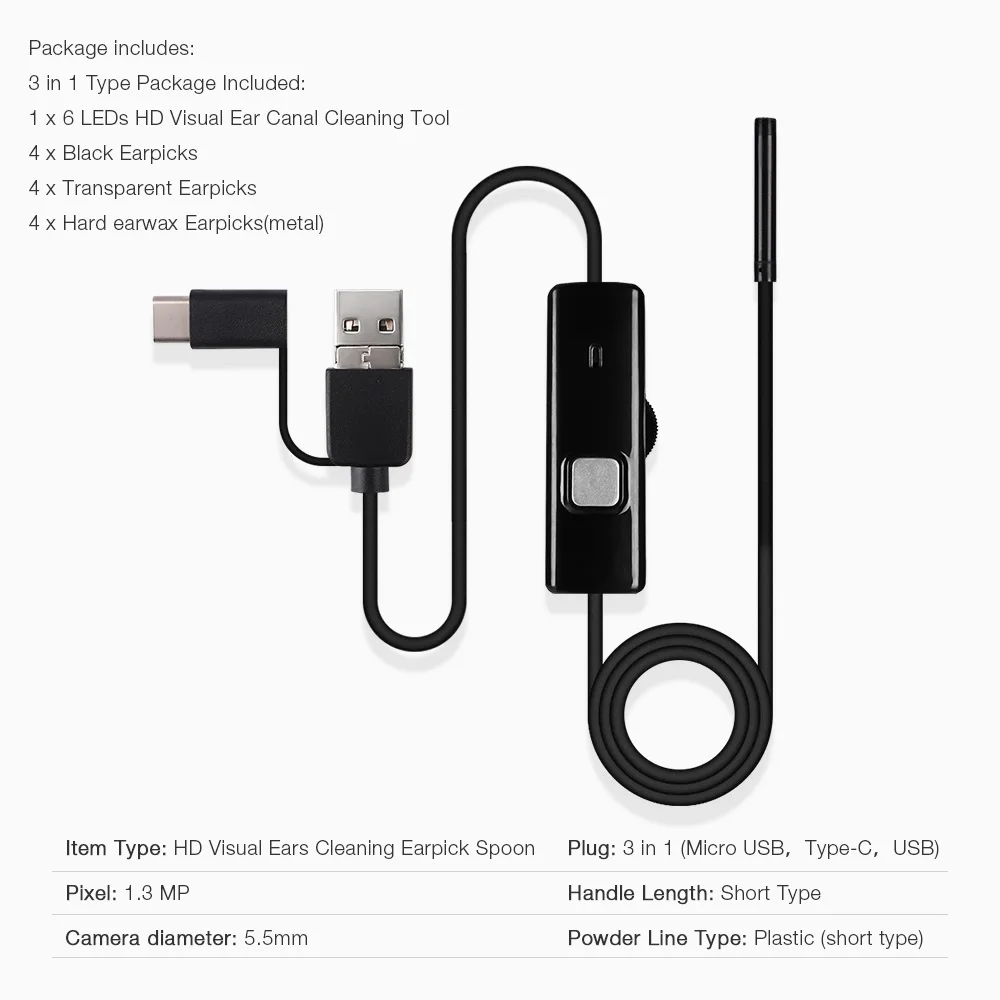 Эндоскоп для очистки ушей 3 в 1 USB HD визуальная Ушная ложка 5 мм мини камера Android PC