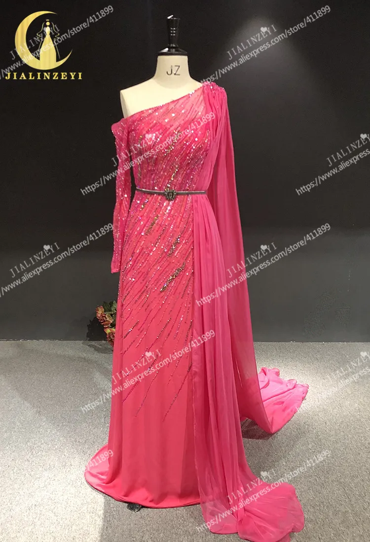 Rhine Real picture one shoulder beads sequins sexy robe longue abiti da seradress women evening dress long formal dresses