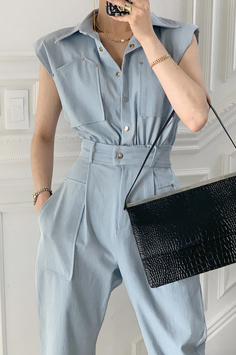 

Korean version of summer French niche lapel multi-pocket design single-breasted high-waist straight-leg tooling trousers