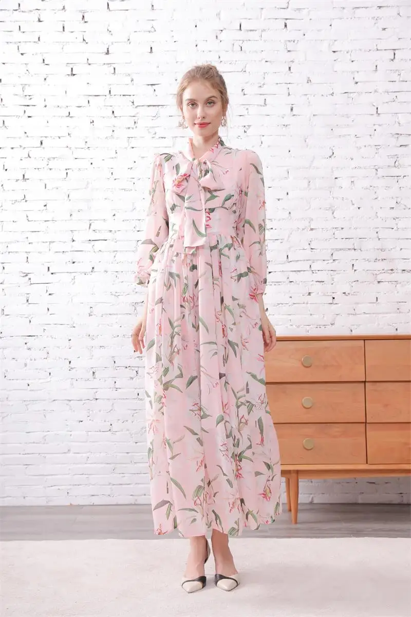 

Women Maxi Dress 2019 High Quality Summer Long Sleeve Bow Printed Elegant Long Dresses Vestidos NP0710L