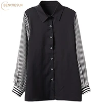 fashion striped patchwork shirts women temperament chiffon long top plus size black white female casual blouse spring autumn