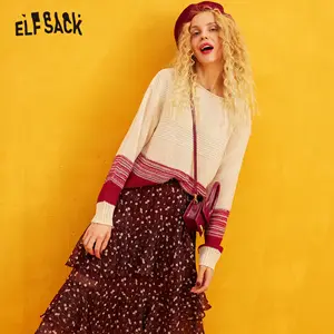 ELFSACK бордового цвета, вязаный пуловер в полоску, повседневные комплекты для женщин, 2020 Зимний цветочный шифоновый многослойный элегантный женский костюм из двух частей