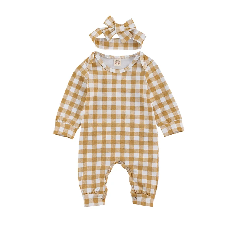 

Pudcoco Baby Rompers Headband Plaid Printed Full Length Regular Sleeve Round Neck Jumpsuit Fashion Clothing
