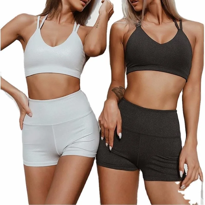 

Shiny Sports Suit 2 Piece Fitness Gym Set White Yoga Outfit Sport Bra Shorts Set Female High Waist Workout Clothes for Women