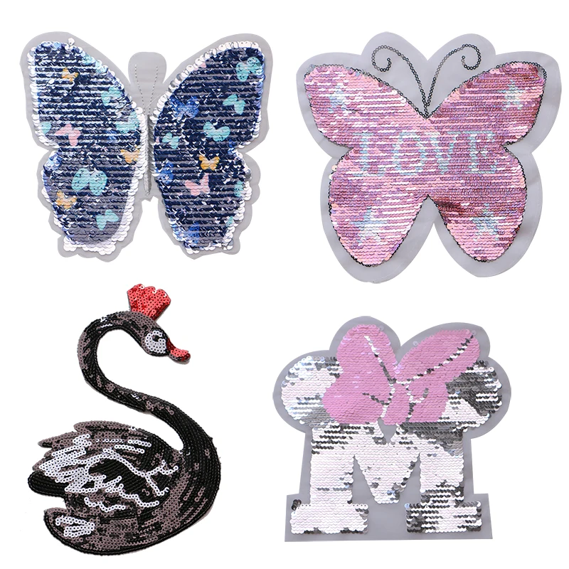 

Fashion Sequin Butterfly Swan Letter M icon embroidery Applique Patches For kawaii clothes DIY Iron on Badges on a backpack