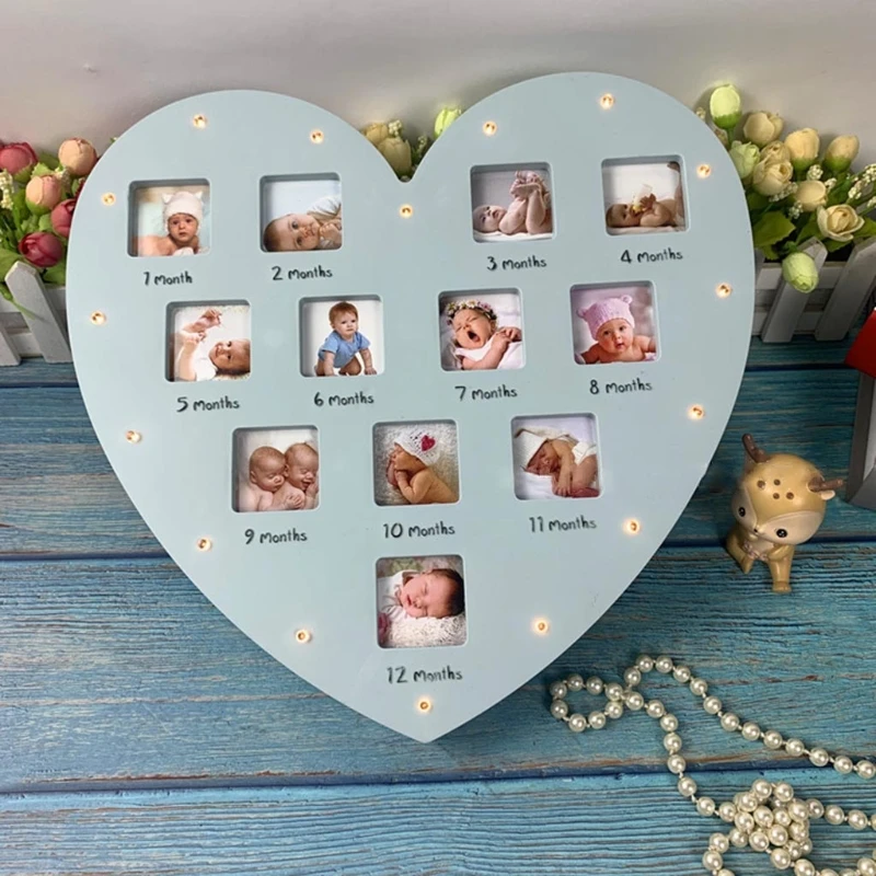 

2021 My First Year Baby Keepsake Frame with Light 0-12 Months Pictures Love Heart Photo Frame Commemorative Growth Souvenirs