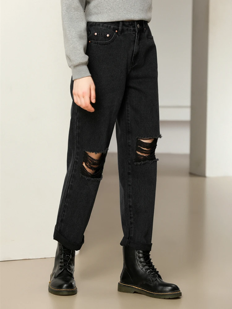 

asual Denim Pants Autumn Winter Pure Cotton Trousers Black Ripped High Waist Mom Jeans Straight Baggy Loose Boyfriend Washed C