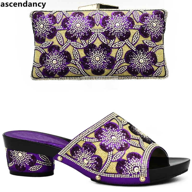 Latest Purple Color Italian Ladies Shoes and Bag Set Decorated with Rhinestone African Matching Bags In Women | Обувь