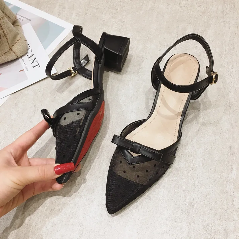 

2021 Summer Mesh Polka Dot Women Sandals Female High Heels Pointed Toe Buckle Strap Office Ladie Dress Shoes