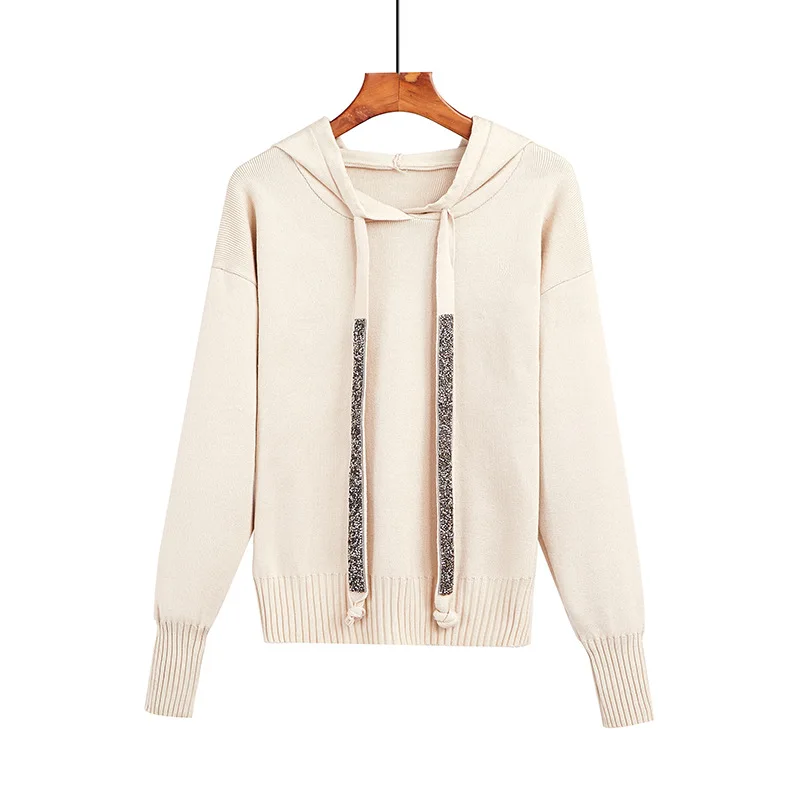 Женский свитер в полоску с капюшоном и блестками разноцветный длинным рукавом