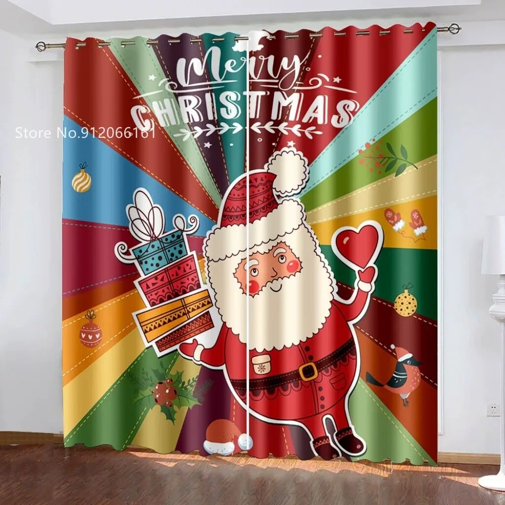 

Merry Christmas Window Curtain 3D Print Happy New Year Window Drapes 2 Panels Holiday Festival Window Treatment Home Decor