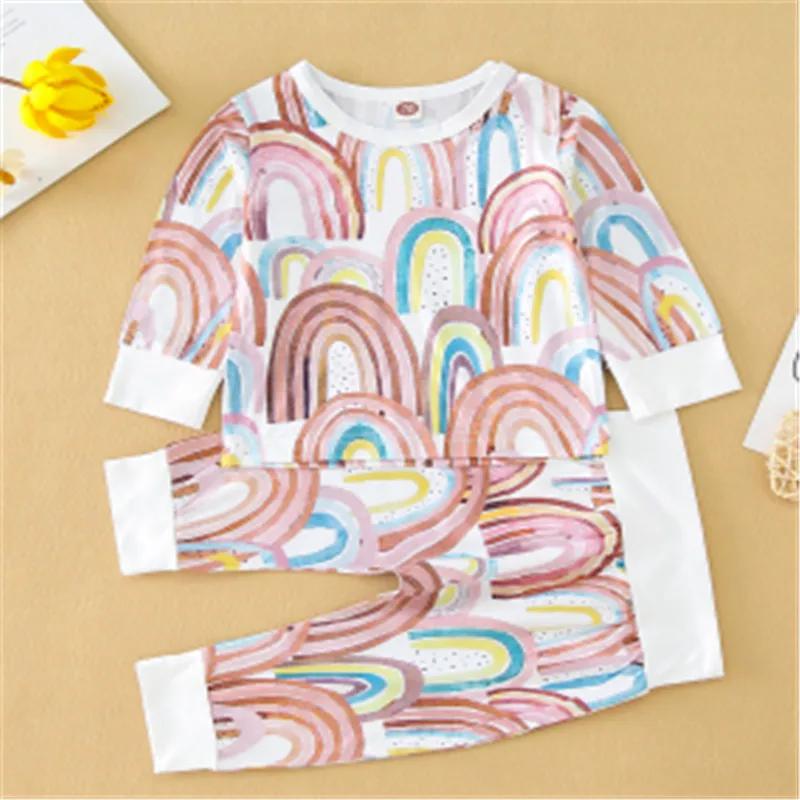 

2Pcs Newborn Color Block Outfits Baby Infant Rainbow Print Long Sleeve Round Neck Pullover + Trousers Long Pants Fall Pajama set