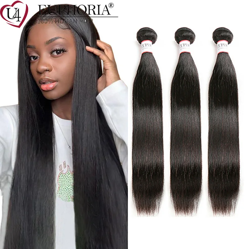 

Brazilian Straight Human Hair Weave Extensions Remy Hair Wefts Natural Black Color 1/3/4 pcs Weave 8-30inches EUPHORIA