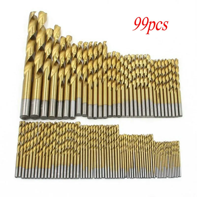 

99PCS/Set 1/16" -3/8" Jobber Length Twist Spiral Drill Bit Set HSS Titanium Coated Woodworking Wood Drilling Tool
