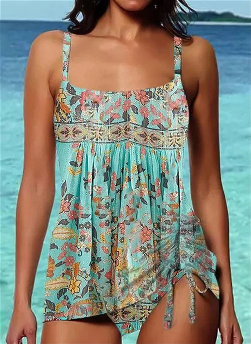 

Plus Size Polyester Color Block Tankini with Panty Print Swimsuits for Women Swimwear Tummy Control Two Piece Bathing Suits