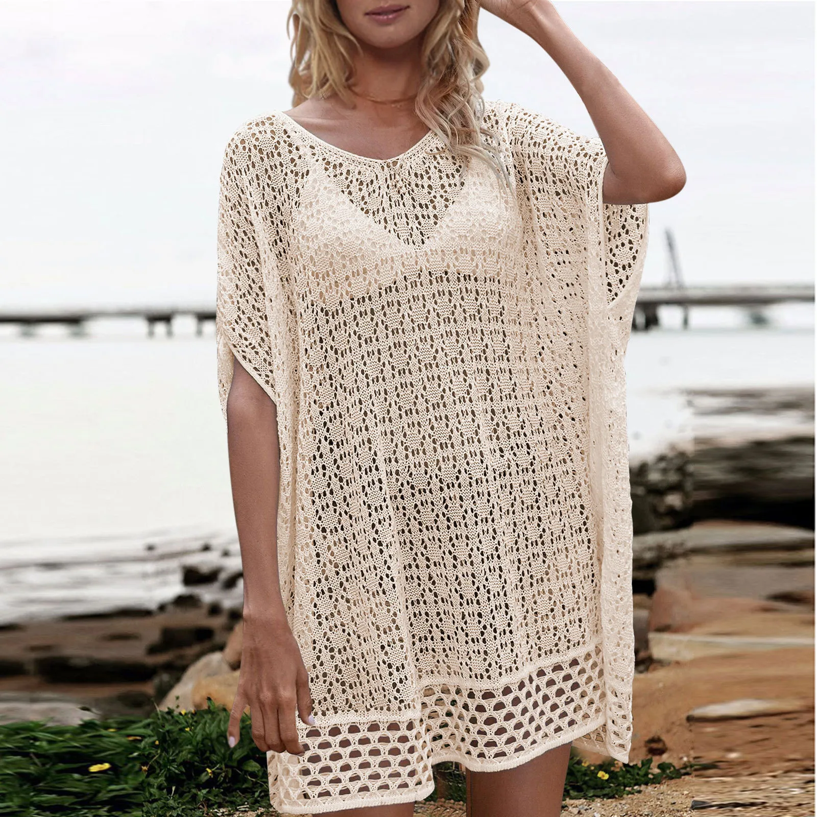 

Women Bathing Suit Cover Up short sleeve Swimwear Crochet Mini beach Dress Loose Swimsuit Boho Beach Dress Swim Bikini Cover Ups