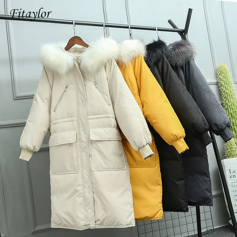 

Fitaylor Large Natural Raccoon Fur Hooded Winter Jacket Women 90% White Duck Down Thick Parkas Warm Sash Tie Up Snow Coat