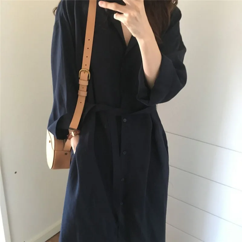 

Women Elegant Dress Korea Chic Loose Lapel Shirt Dress Tie Waist Long Trench Dress Female Cardigan Dress Yq033